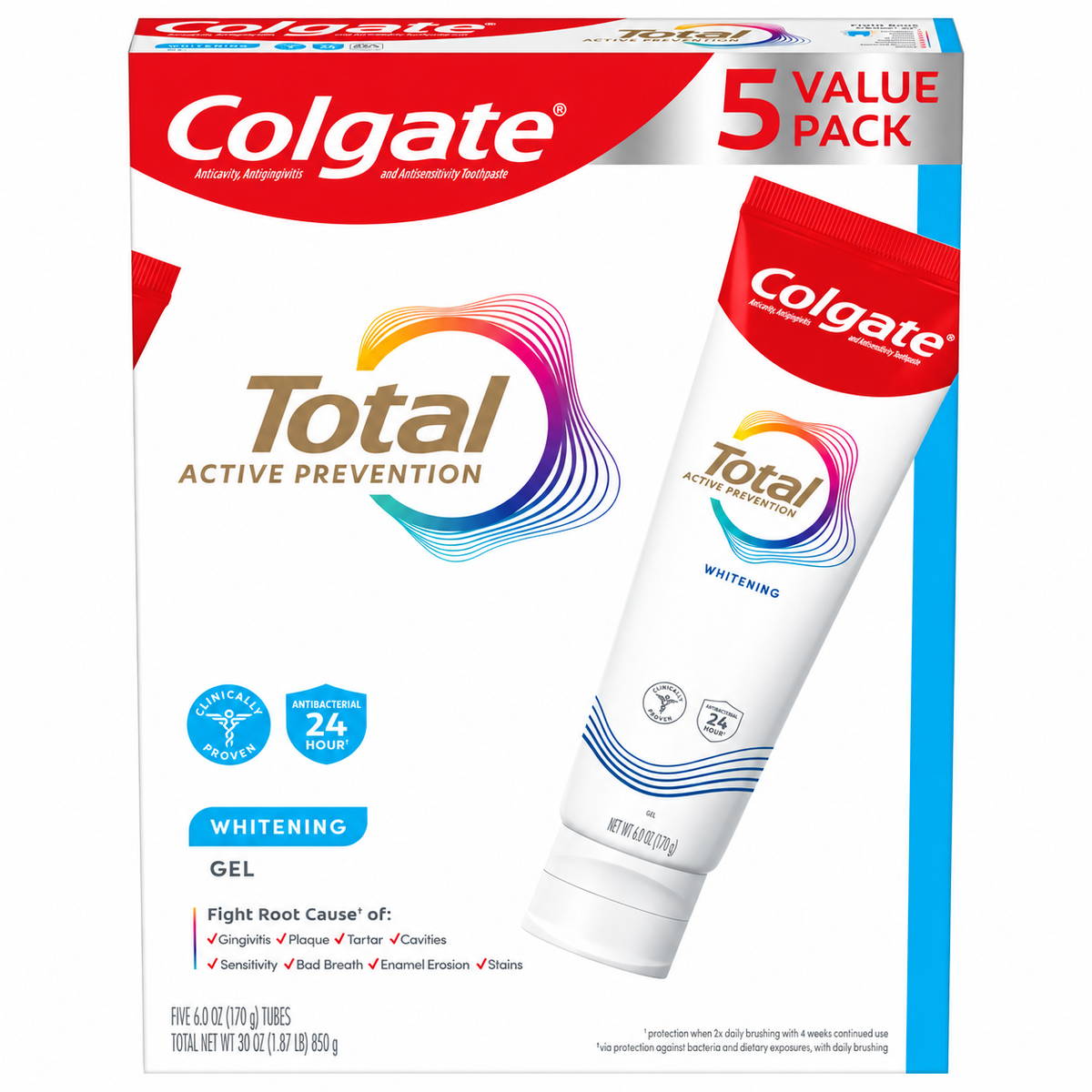 Colgate Total Active Prevention Whitening Gel Toothpaste, Mint, 6 oz, 5-Pack