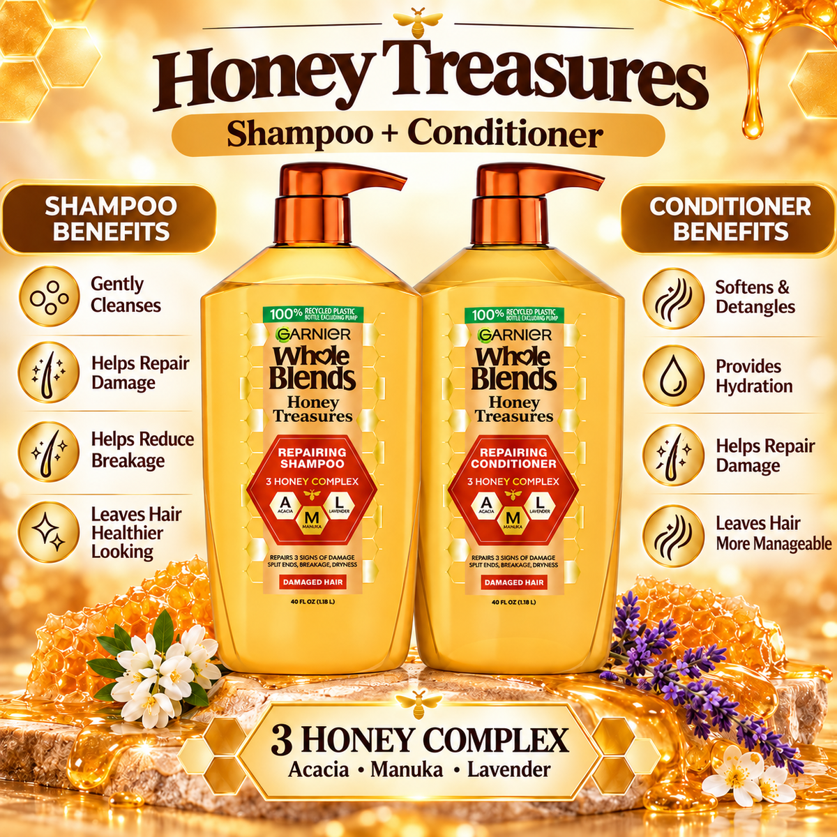 Garnier Whole Blends Honey Treasures Repairing Shampoo, 40 fl oz