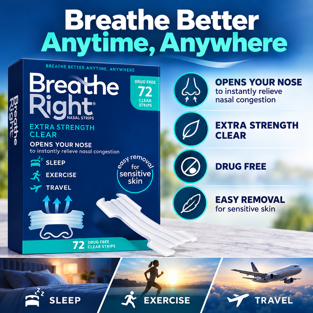 Breathe Right Extra Strength Nasal Strips for Sensitive Skin, Clear, 72 ct