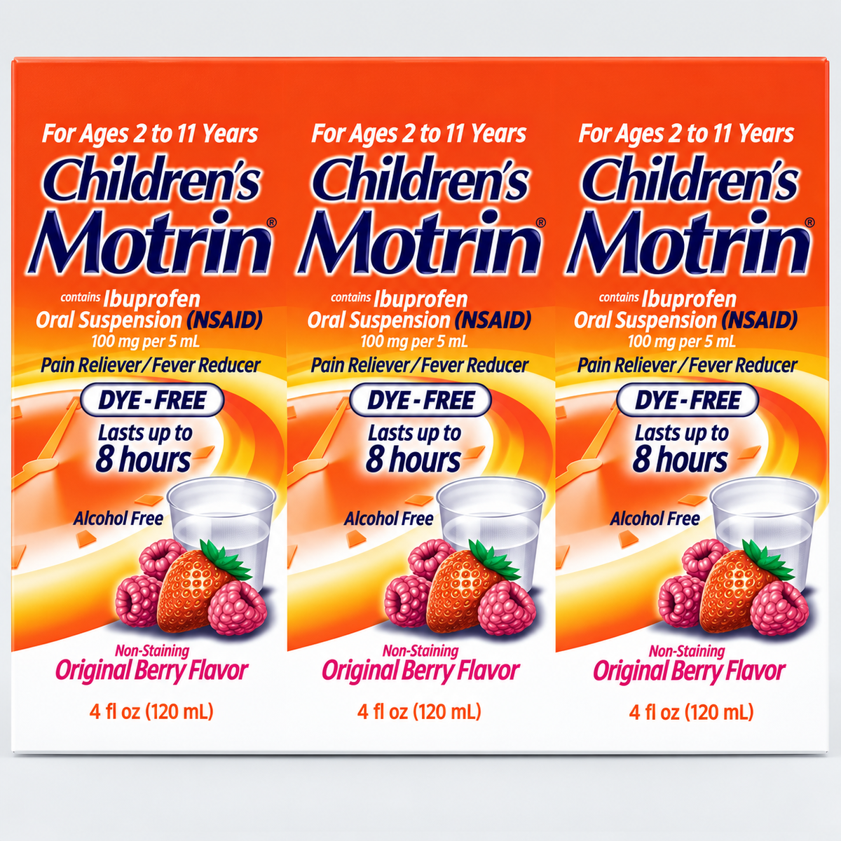 Children’s Motrin Pain Reliever & Fever Reducer, Ibuprofen 100 mg/5 mL, Original Berry, 4 fl oz, 3 pk