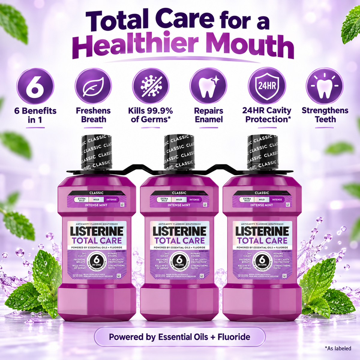 Listerine Total Care Fresh Mint Anticavity Mouthwash, 33.8 fl oz, 3-Pack