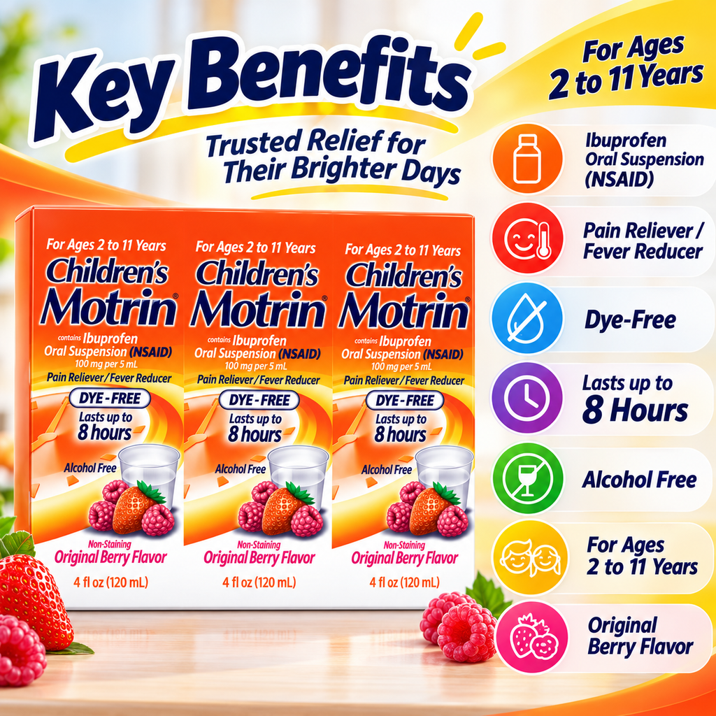 Children’s Motrin Pain Reliever & Fever Reducer, Ibuprofen 100 mg/5 mL, Original Berry, 4 fl oz, 3 pk