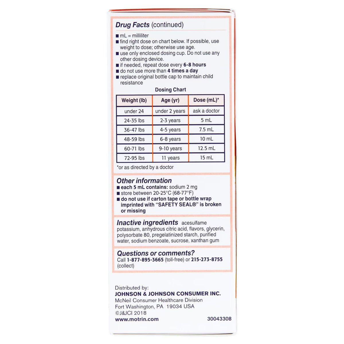 Children’s Motrin Pain Reliever & Fever Reducer, Ibuprofen 100 mg/5 mL, Original Berry, 4 fl oz, 3 pk