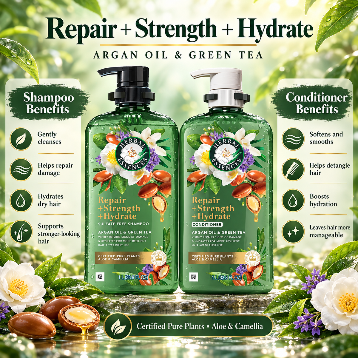 Herbal Essences Pure Plants Argan Oil & Green Tea Shampoo + Conditioner, 33.8 fl oz, 2 pk