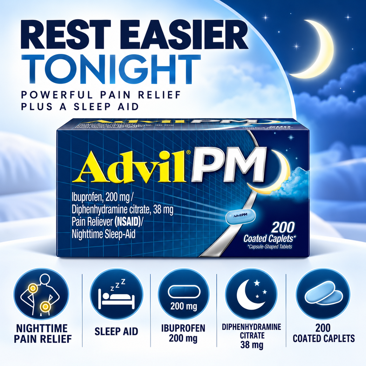 Advil PM Pain Reliever & Nighttime Sleep Aid, Ibuprofen 200 mg, 200 Caplets