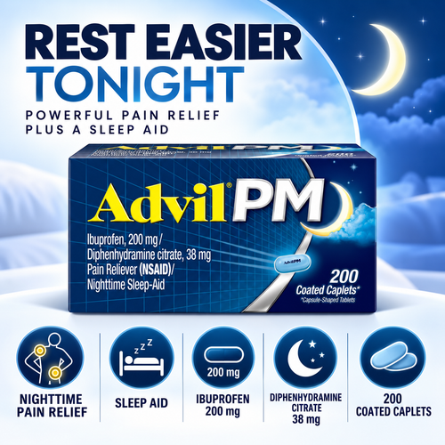 Advil PM Pain Reliever & Nighttime Sleep Aid, Ibuprofen 200 mg, 200 Caplets