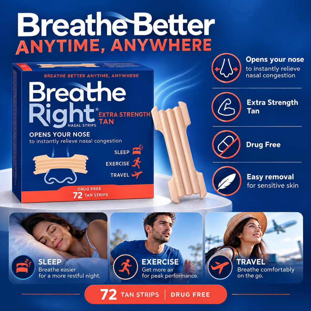 Breathe Right Extra Strength Nasal Strips, Tan, 72 ct