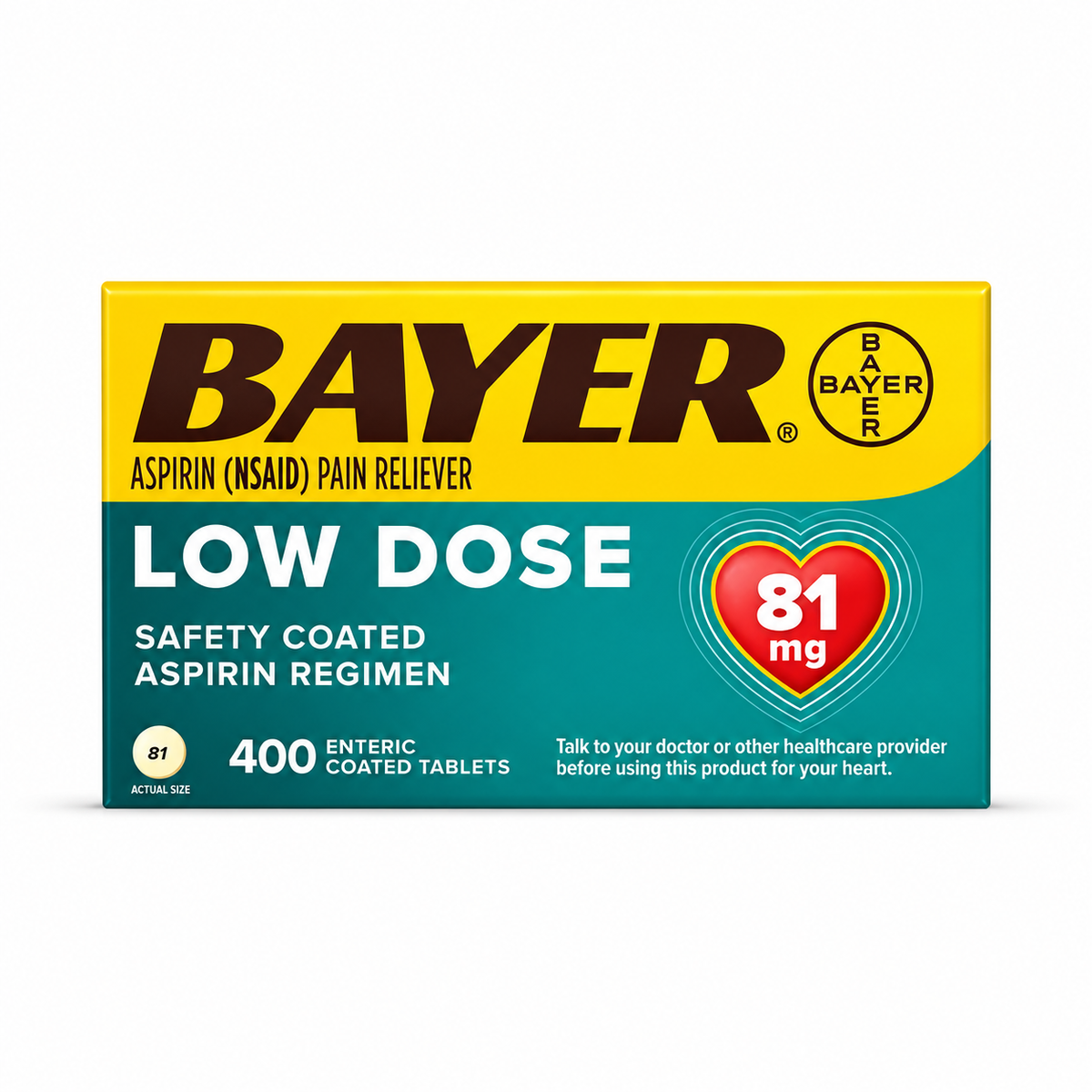 Bayer Low Dose Aspirin 81 mg Enteric-Coated Tablets, 400 ct
