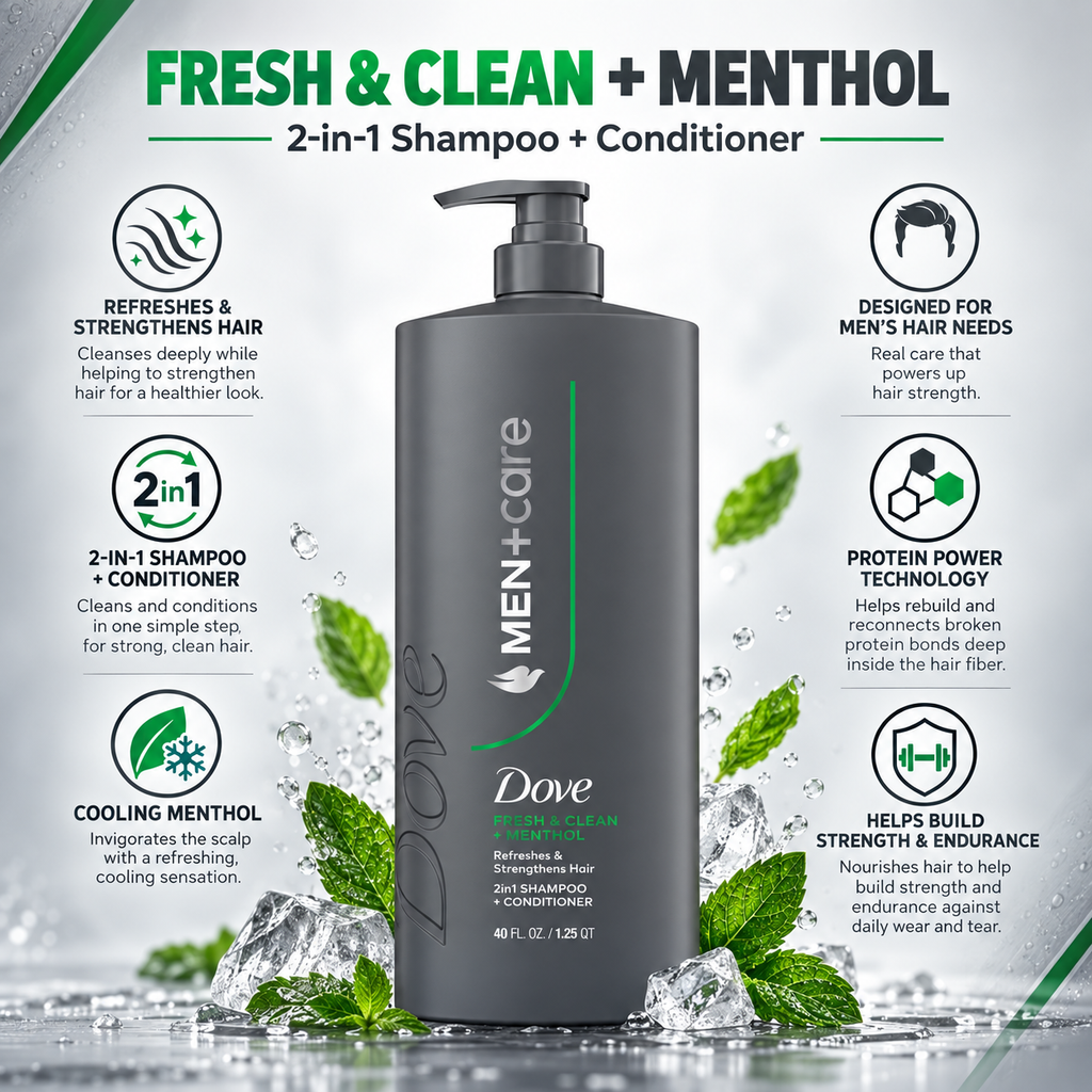 Dove Men+Care Fresh & Clean 2-in-1 Shampoo + Conditioner, 40 fl oz