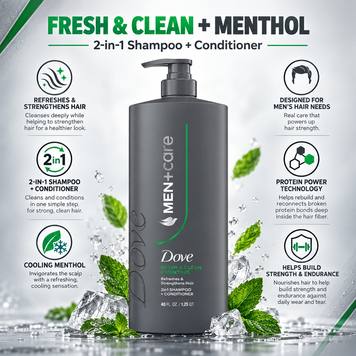 Dove Men+Care Fresh & Clean 2-in-1 Shampoo + Conditioner, 40 fl oz