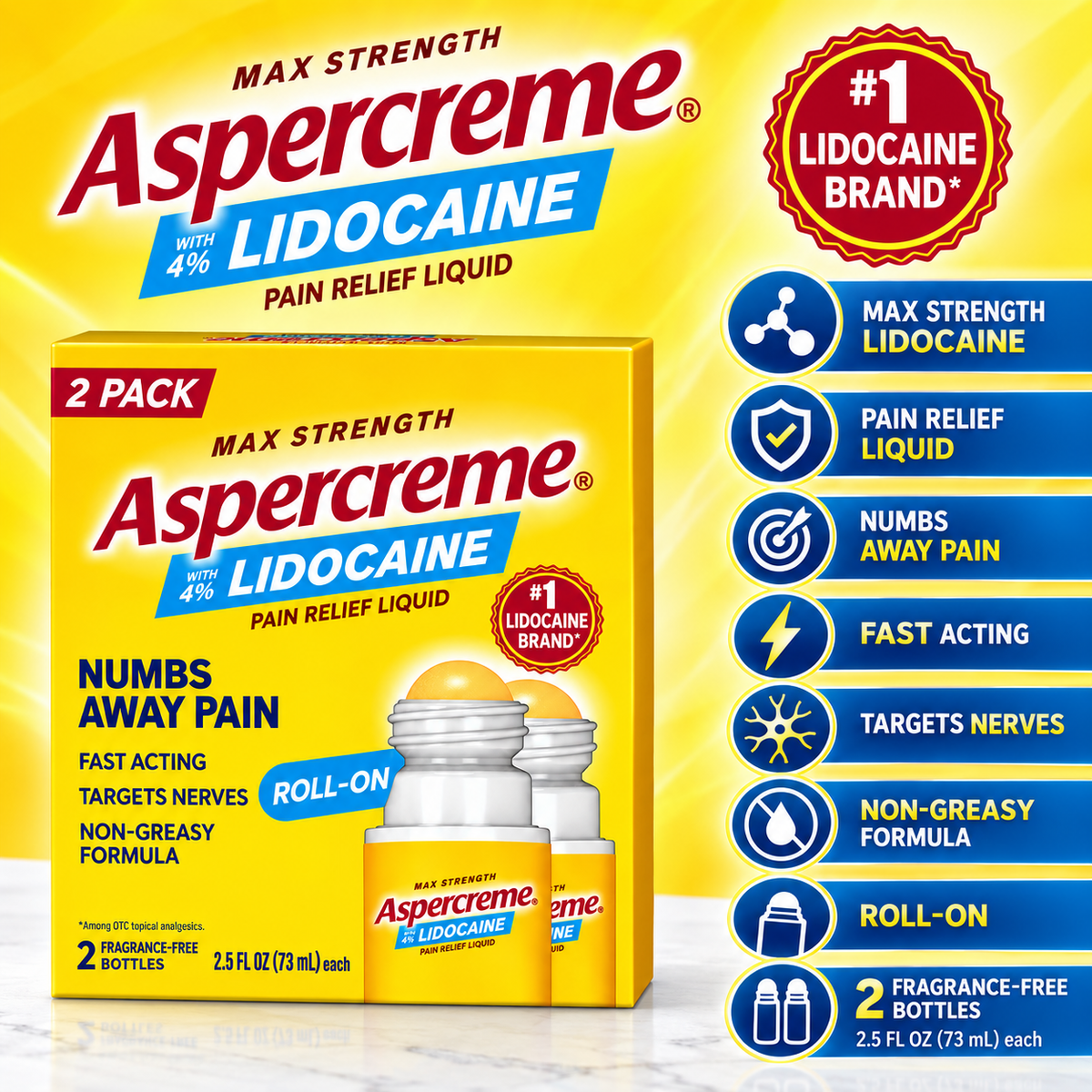 Aspercreme Max Strength Pain Relief Roll-On, 4% Lidocaine, 2.5 oz, 2 pk
