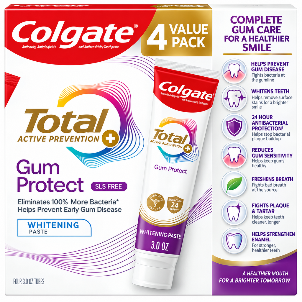 Colgate Total Active Prevention Gum Protect Whitening Toothpaste, 3 oz, 4-Pack