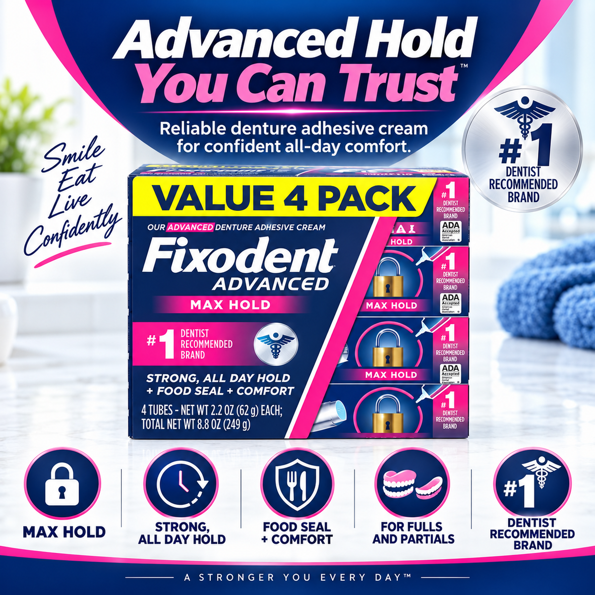 Fixodent Advanced Max Hold Denture Adhesive Cream, 2.2 oz, 4-Pack