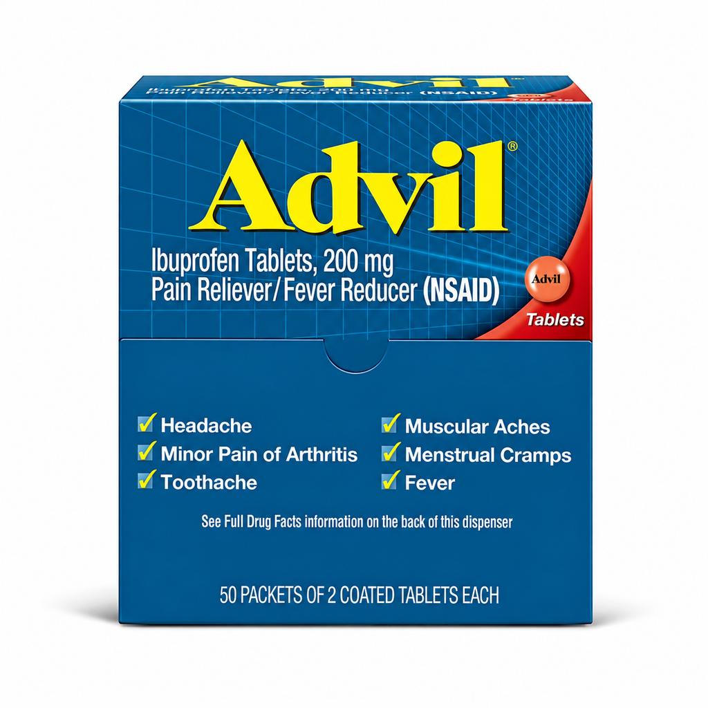 Advil Pain Reliever & Fever Reducer, Ibuprofen 200 mg, 50 Packets of 2 Tablets, 100 ct