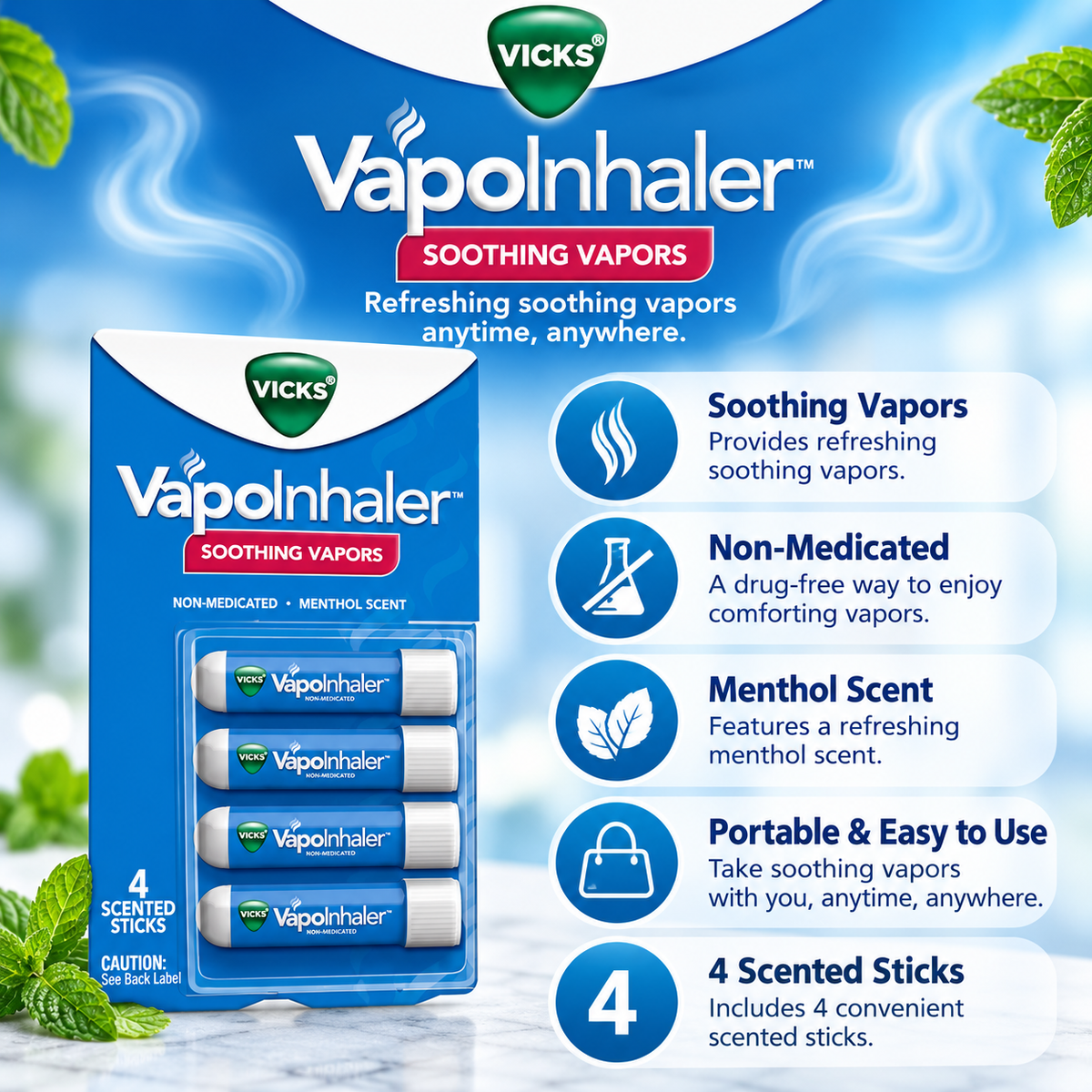 Vicks VapoInhaler Portable Nasal Inhaler, Menthol Scent, 4 pk