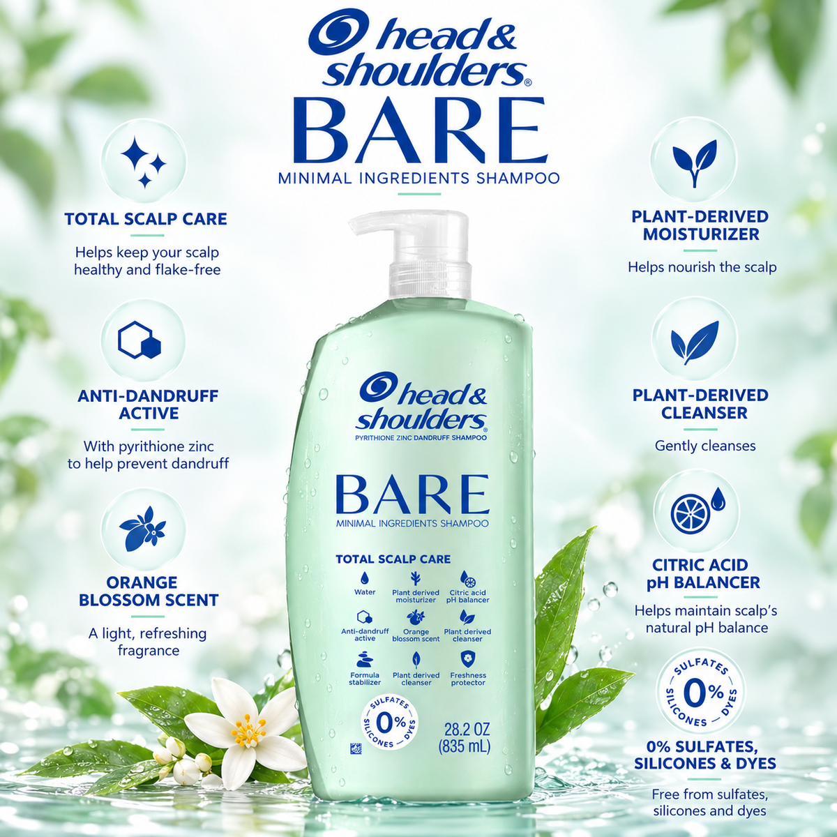 Head & Shoulders BARE Total Scalp Care Anti-Dandruff Shampoo, 28.2 fl oz