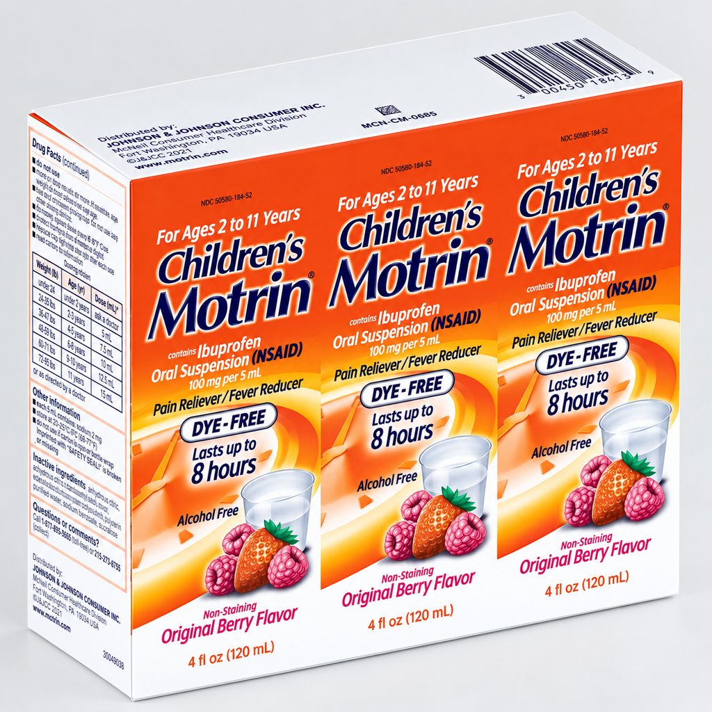 Children’s Motrin Pain Reliever & Fever Reducer, Ibuprofen 100 mg/5 mL, Original Berry, 4 fl oz, 3 pk