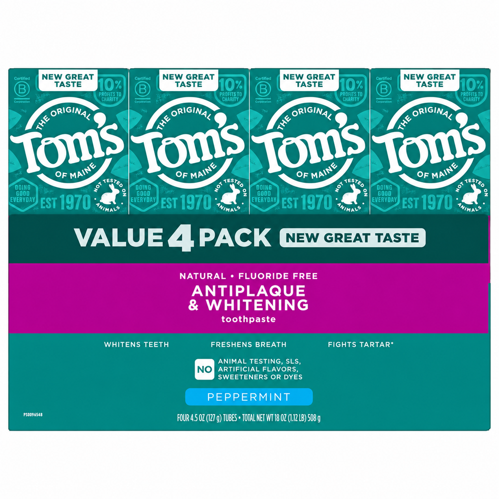 Tom's of Maine Fluoride-Free Antiplaque & Whitening Toothpaste, Peppermint, 4.5 oz, 4-Pack