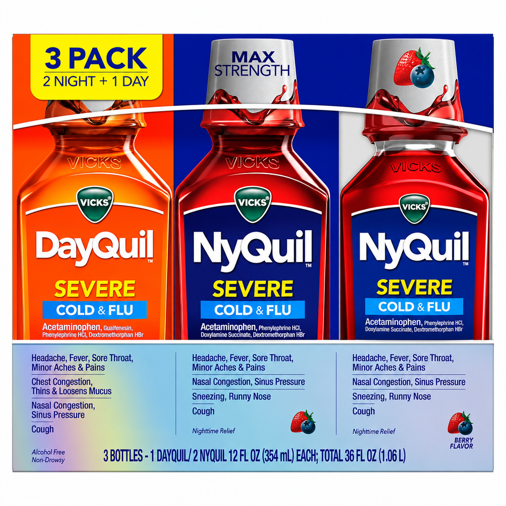 Vicks DayQuil & NyQuil Severe Cold & Flu Relief Liquid, Berry, 12 fl oz, 3 pk