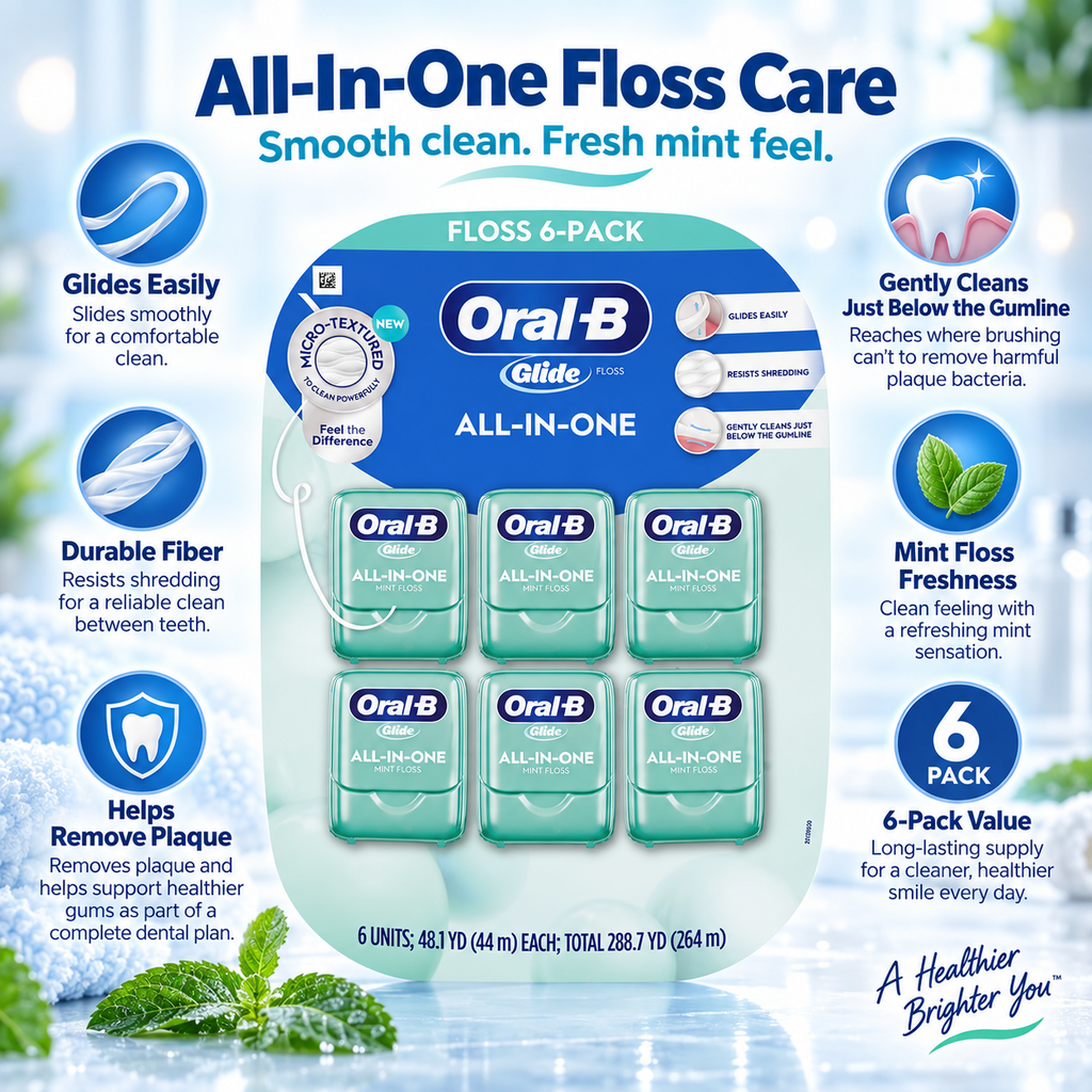 Oral-B Glide All-In-One Mint Flavor Dental Floss, 44 m, 6-Pack