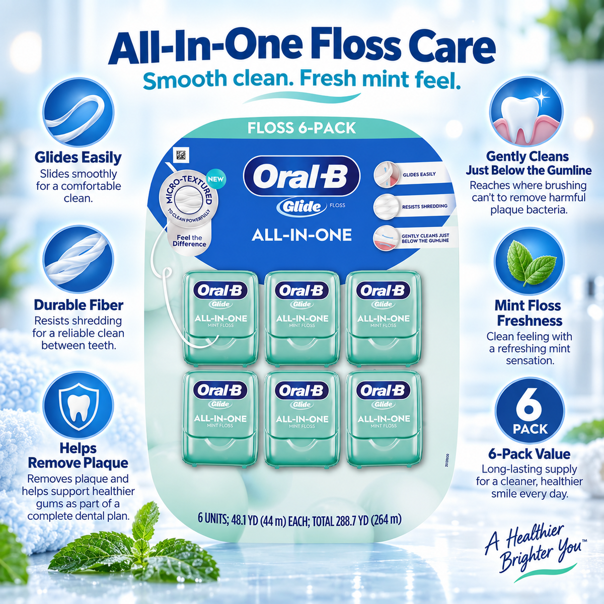 Oral-B Glide All-In-One Mint Flavor Dental Floss, 44 m, 6-Pack