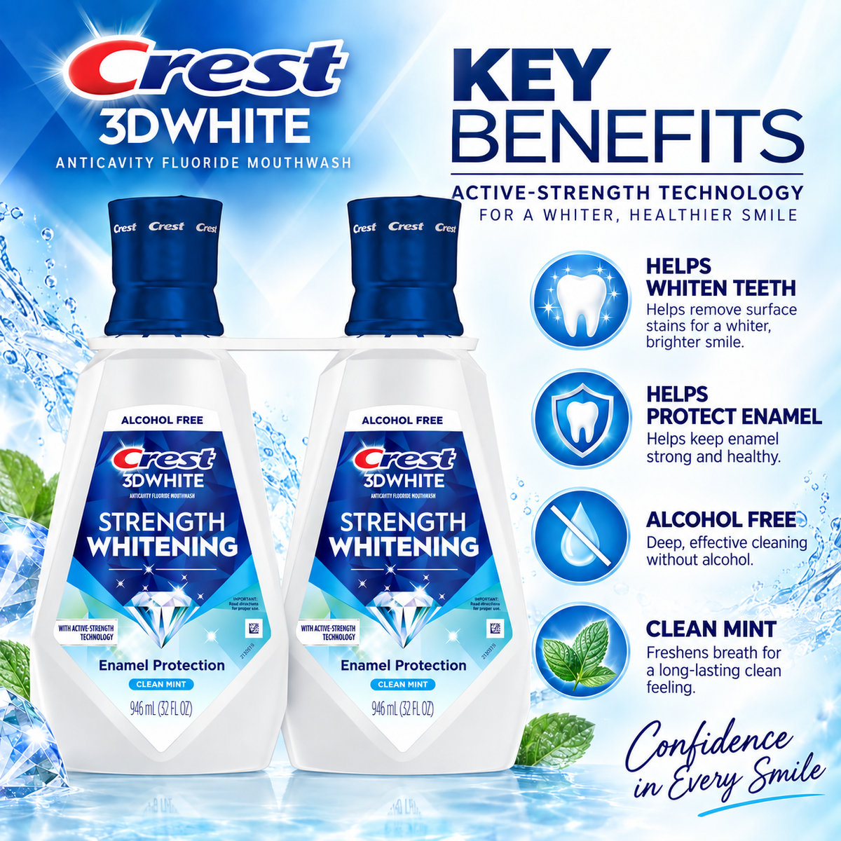 Crest 3D White Strength Whitening Mouthwash, Clean Mint, 32 fl oz, 2-Pack