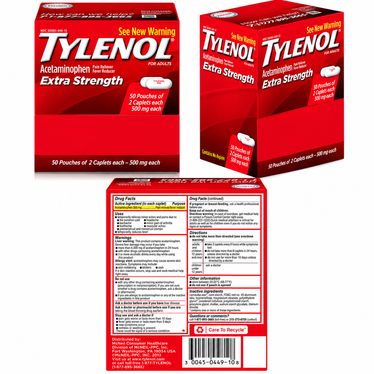 Tylenol Extra Strength Acetaminophen 500 mg, 2 Caplets per Pouch, 50 Pouches