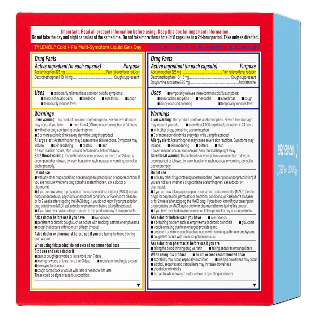 Tylenol Cold + Flu Multi-Symptom Liquid Gels, Day/Night, 72 ct