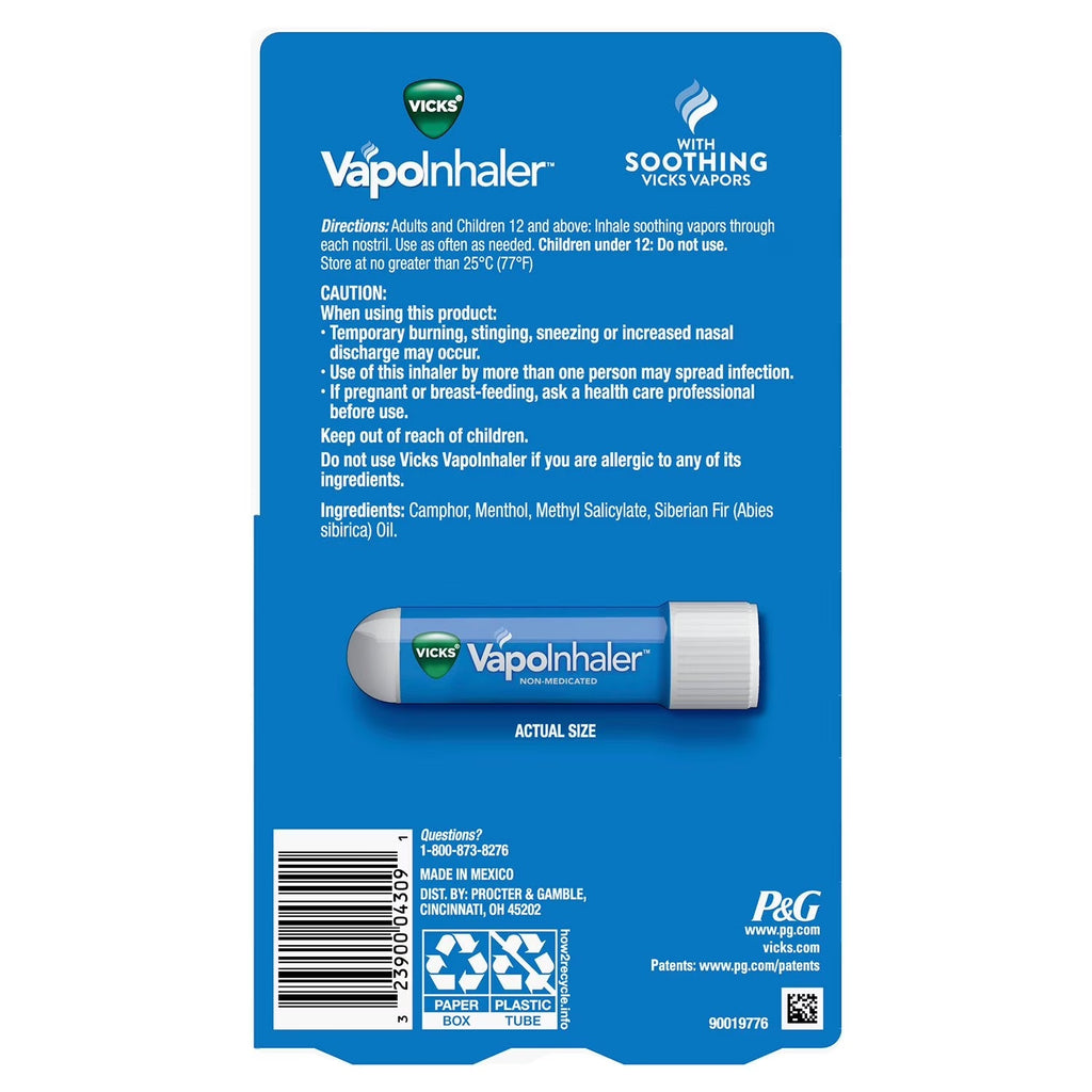 Vicks VapoInhaler Portable Nasal Inhaler, Menthol Scent, 4 pk