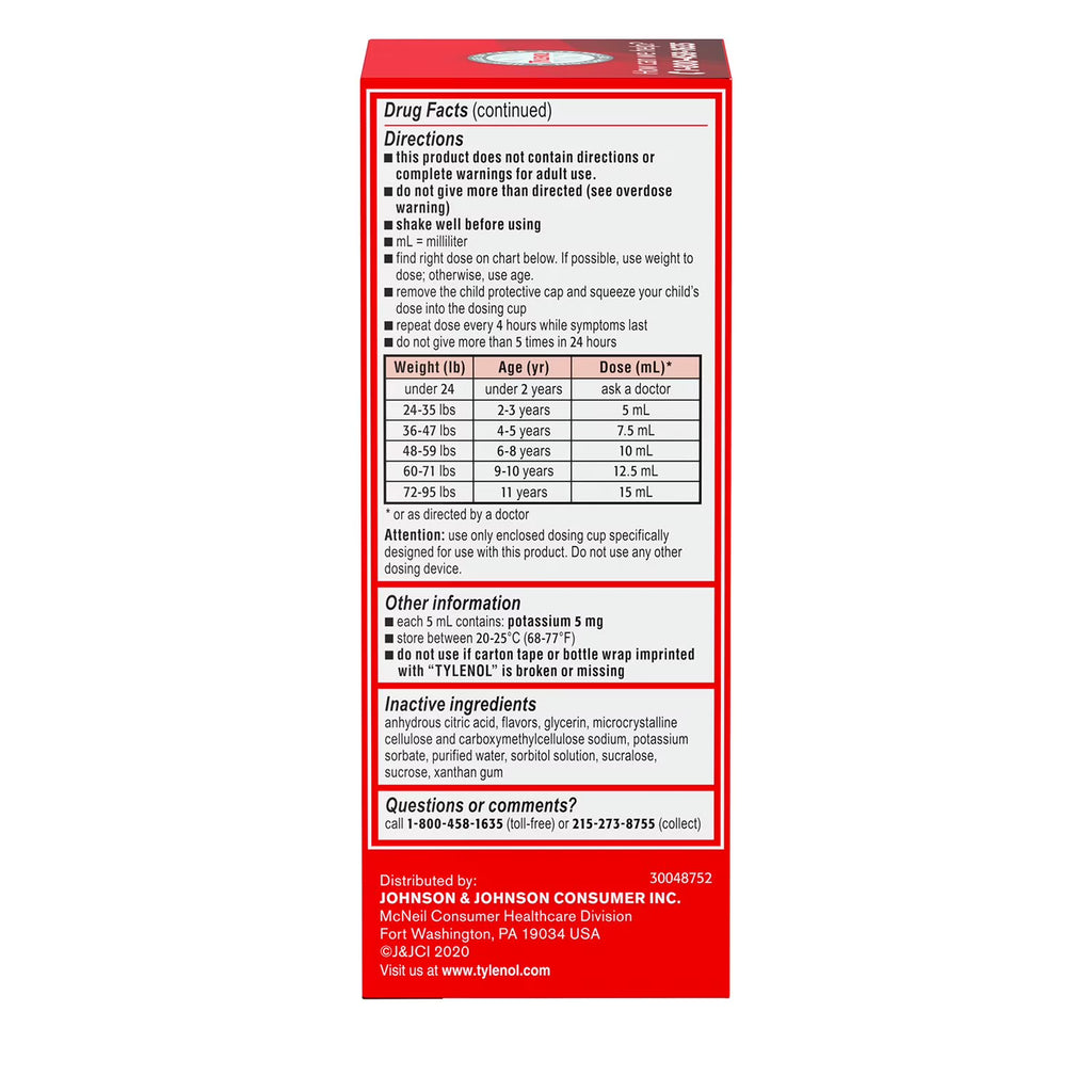 Children’s Tylenol Pain + Fever Oral Suspension, Dye-Free Cherry, 4 fl oz, 3 pk