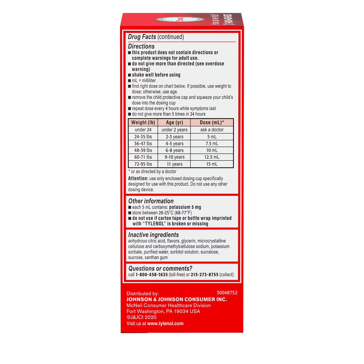 Children’s Tylenol Pain + Fever Oral Suspension, Dye-Free Cherry, 4 fl oz, 3 pk