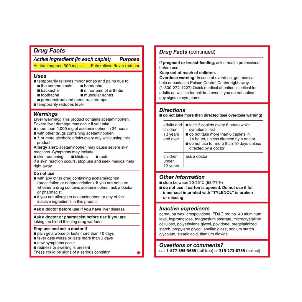 Tylenol Extra Strength Caplets, Acetaminophen 500 mg, 325 ct