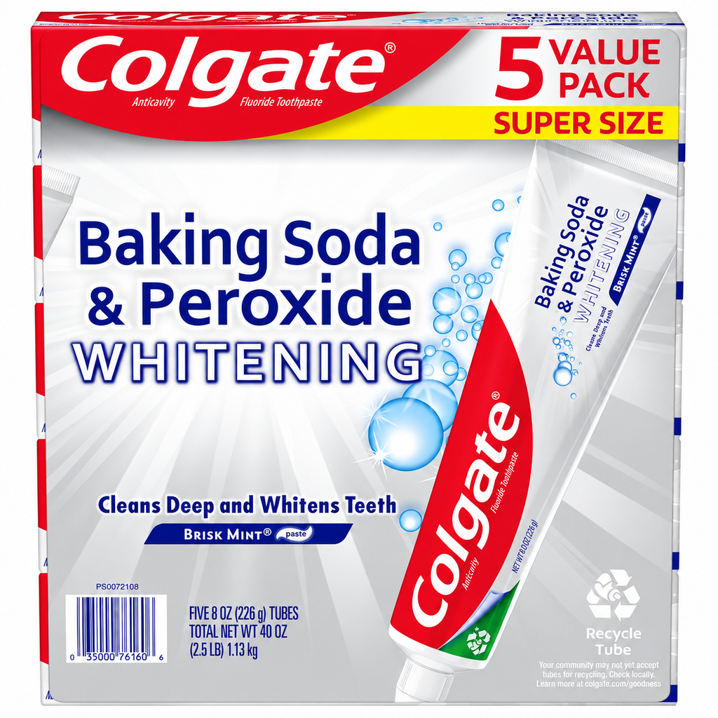 Colgate Baking Soda & Peroxide Whitening Toothpaste, Brisk Mint, 8 oz, 5-Pack