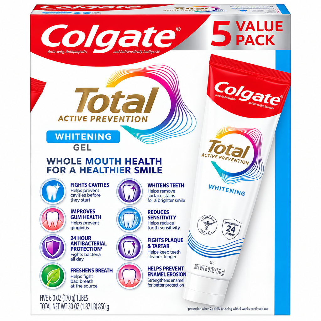Colgate Total Active Prevention Whitening Gel Toothpaste, Mint, 6 oz, 5-Pack