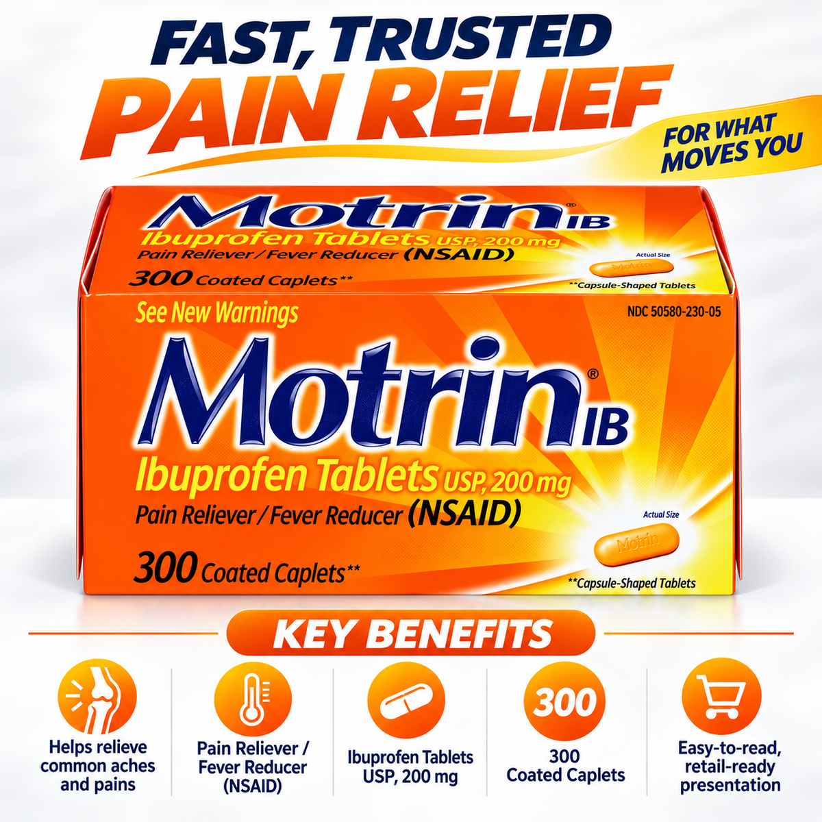 Motrin IB Pain Reliever & Fever Reducer, Ibuprofen 200 mg, 300 Coated Caplets