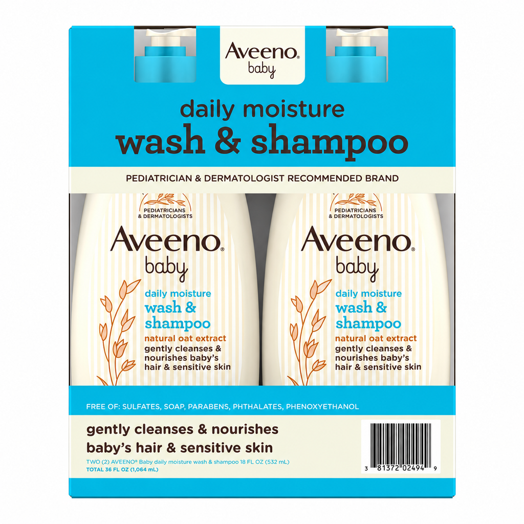 Aveeno Baby Daily Moisture 2-in-1 Wash & Shampoo, 18 fl oz, 2-Pack