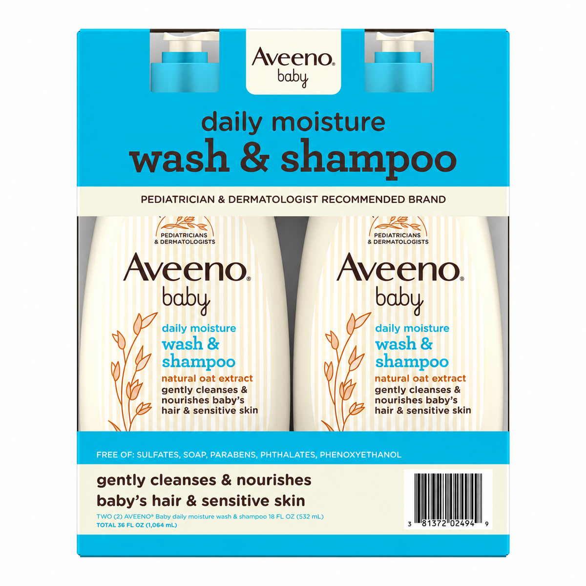 Aveeno Baby Daily Moisture 2-in-1 Wash & Shampoo, 18 fl oz, 2-Pack